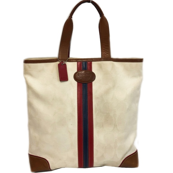 Vintage Coach Bag Tote Signature Stripe Canvas and Leather Shopper Tote #6644 - Picture 1 of 8